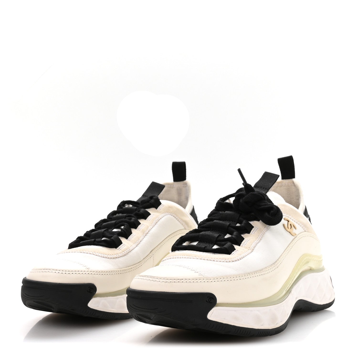 Chanel Velvet Calfskin Mixed Fibers CC Sneakers 37 Ivory Black