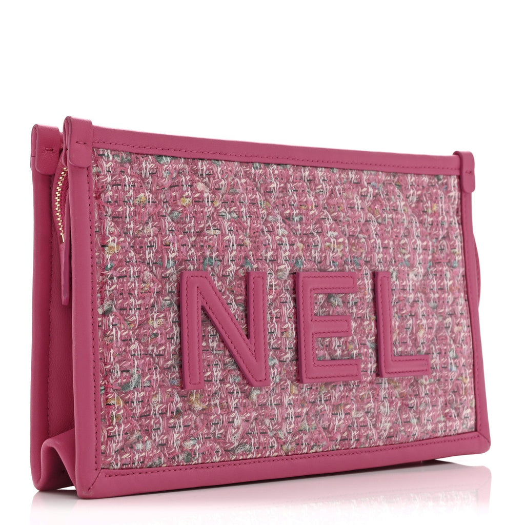 Chanel Tweed PVC Lambskin Wristlet Pouch Pink