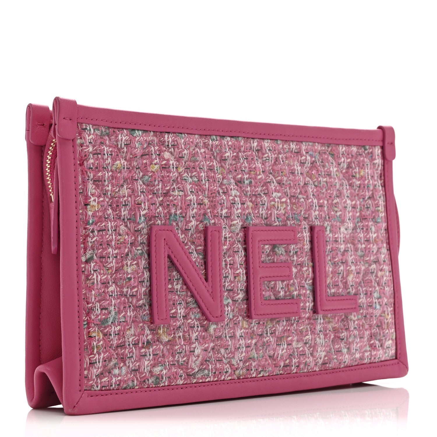 Chanel Tweed PVC Lambskin Wristlet Pouch Pink