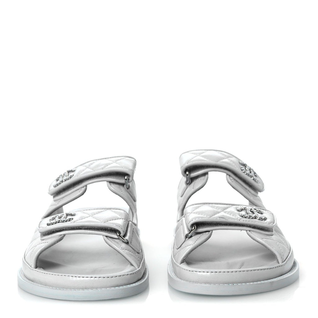 Laminated Lambskin Quilted Velcro Dad Chain CC Slide Sandals 37.5 Light Blue