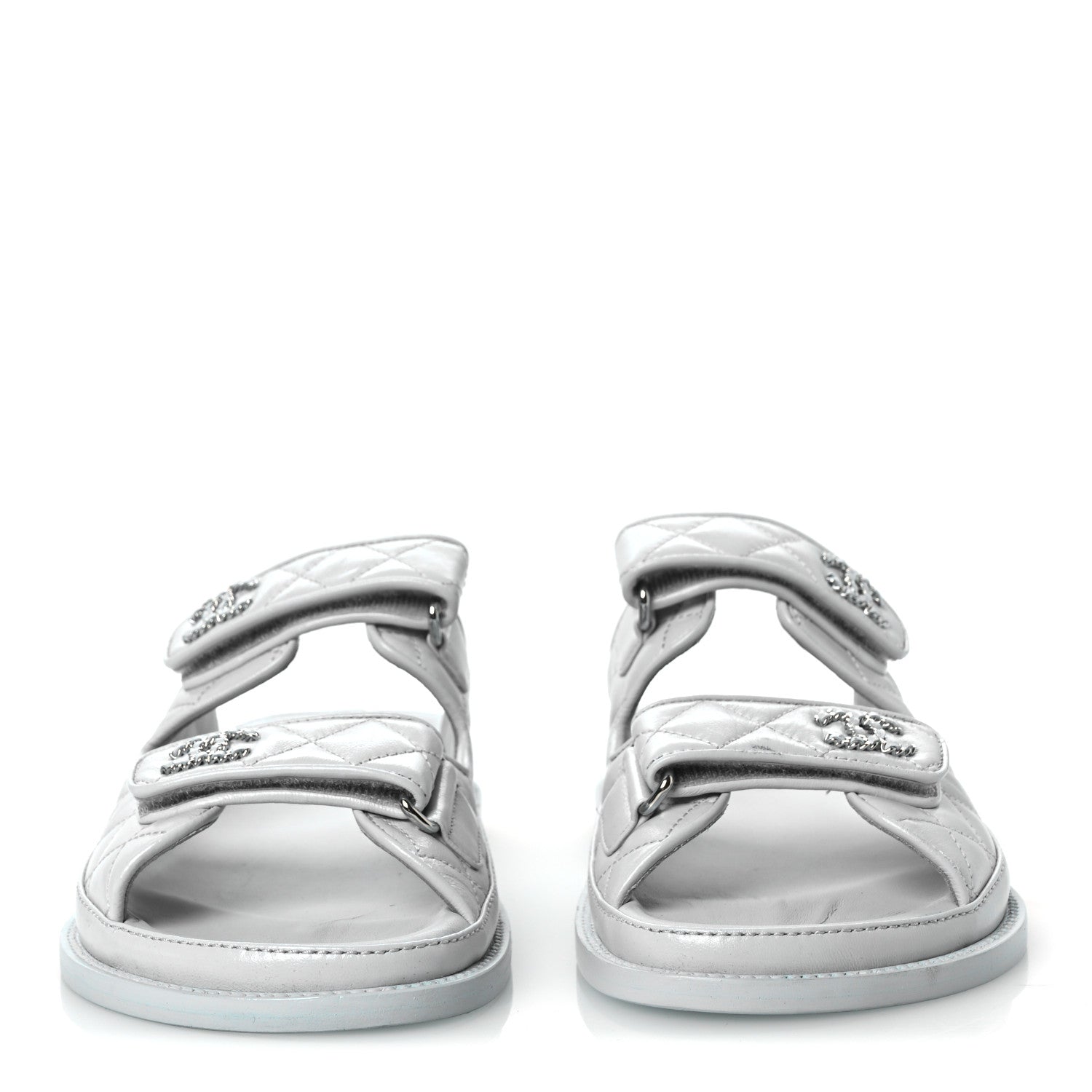 Laminated Lambskin Quilted Velcro Dad Chain CC Slide Sandals 37.5 Light Blue