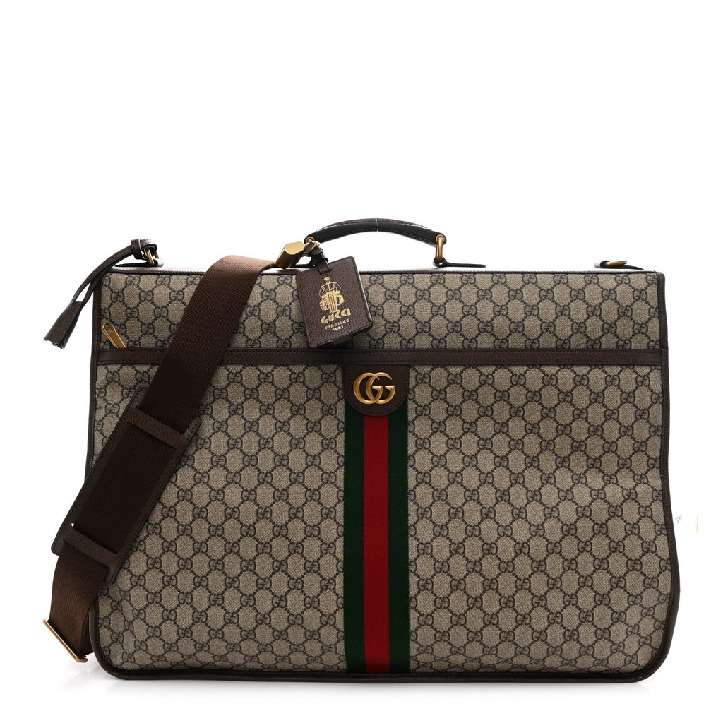 Gucci GG Supreme Monogram Textured Dollar Calfskin Web Ophidia Savoy Garment Bag Beige Ebony New Acero