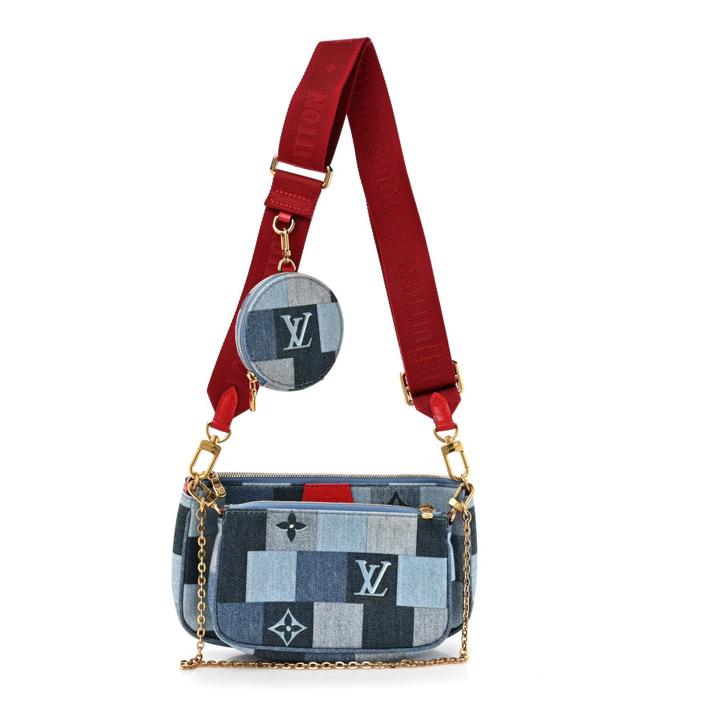 Louis Vuitton Denim Damier Monogram Patchwork Multi Pochette Accessories Blue Rouge