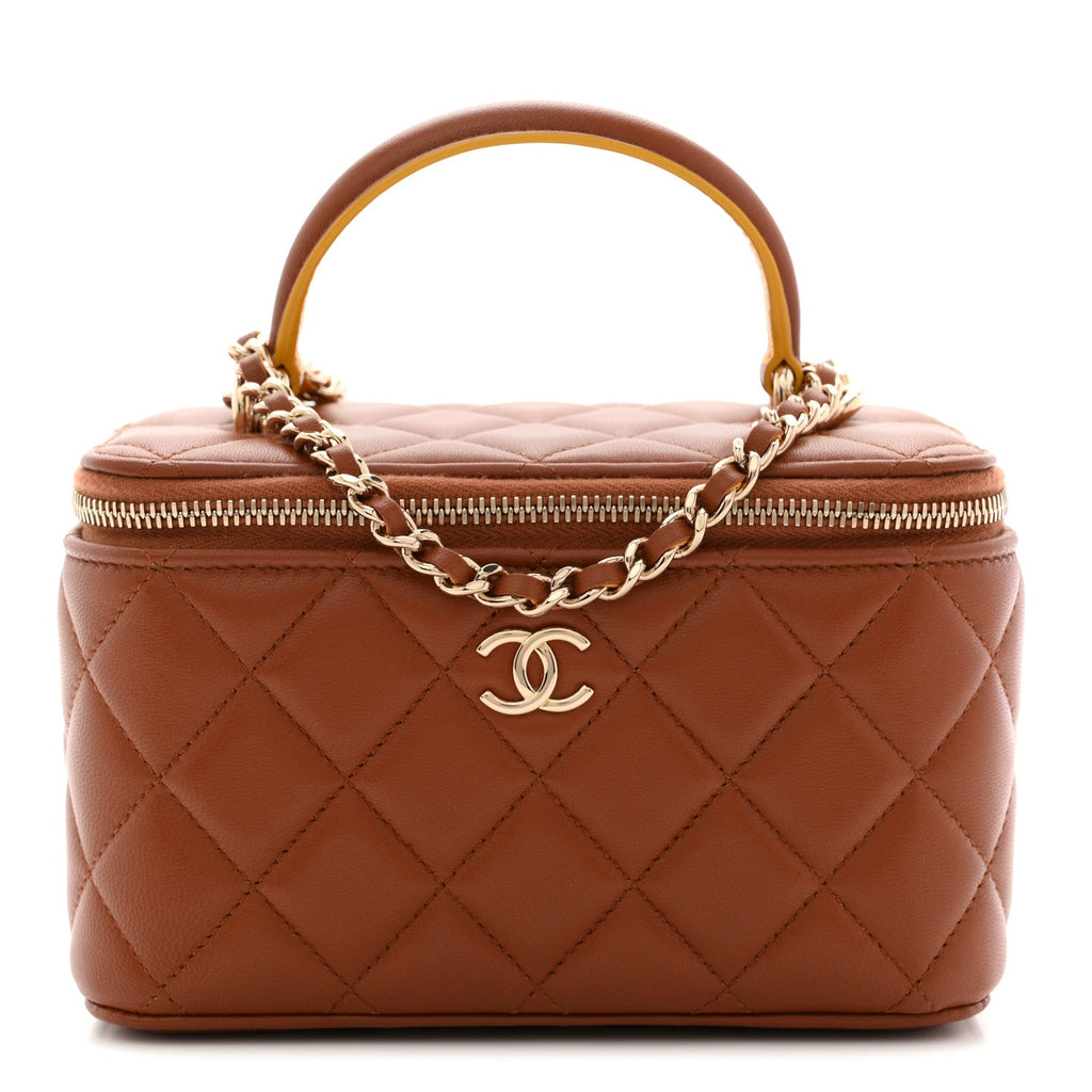 Chanel Lambskin Quilted Small Top Handle Vanity Case With Chain Light Brown Yellow
