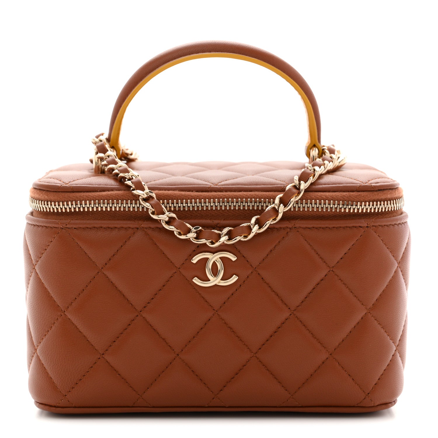 Chanel Lambskin Quilted Small Top Handle Vanity Case With Chain Light Brown Yellow