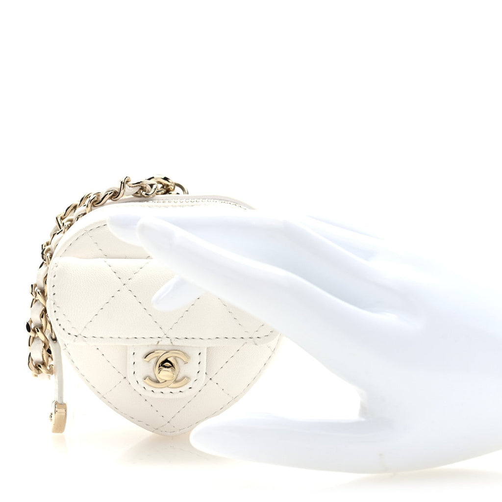 Lambskin Quilted CC Mini In Love Heart Bag Charm White