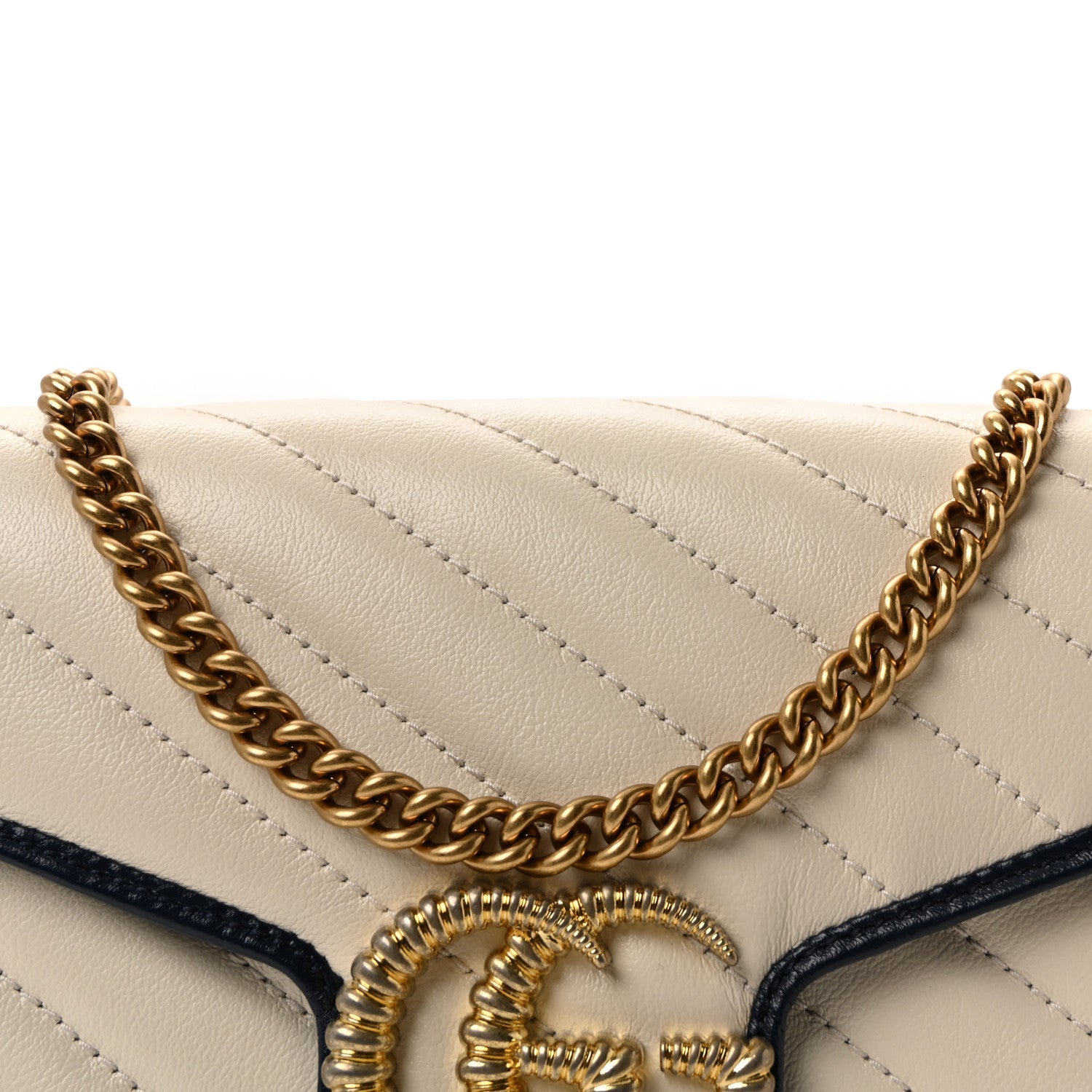 Gucci Vintage Effect Calfskin Matelasse Diagonal Torchon GG Marmont Chain Wallet Mystic White Blue Agata