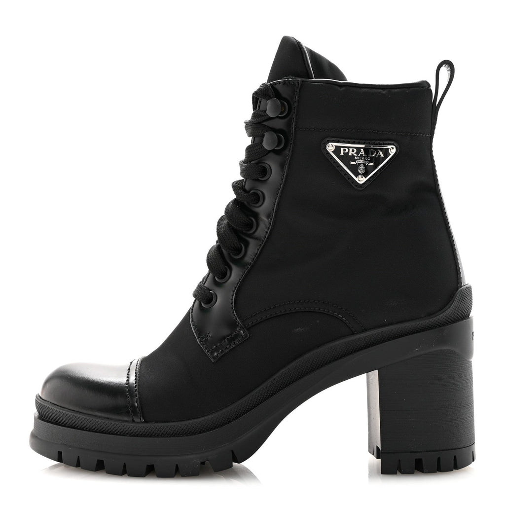 Prada Spazzolato Re-Nylon Metal Triangle Logo Lace Up 85mm Ankle Boots 36 Black