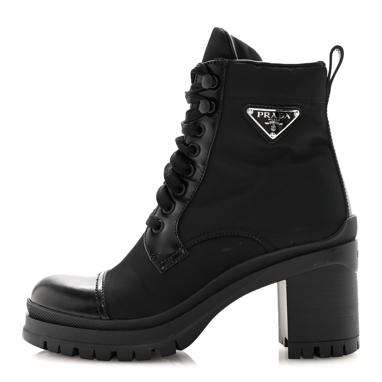 Prada Spazzolato Re-Nylon Metal Triangle Logo Lace Up 85mm Ankle Boots 36 Black