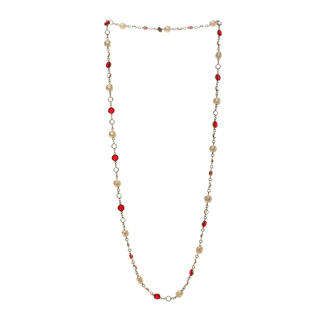 Crystal Pearl Chicklet Sautoir Necklace Red Gold