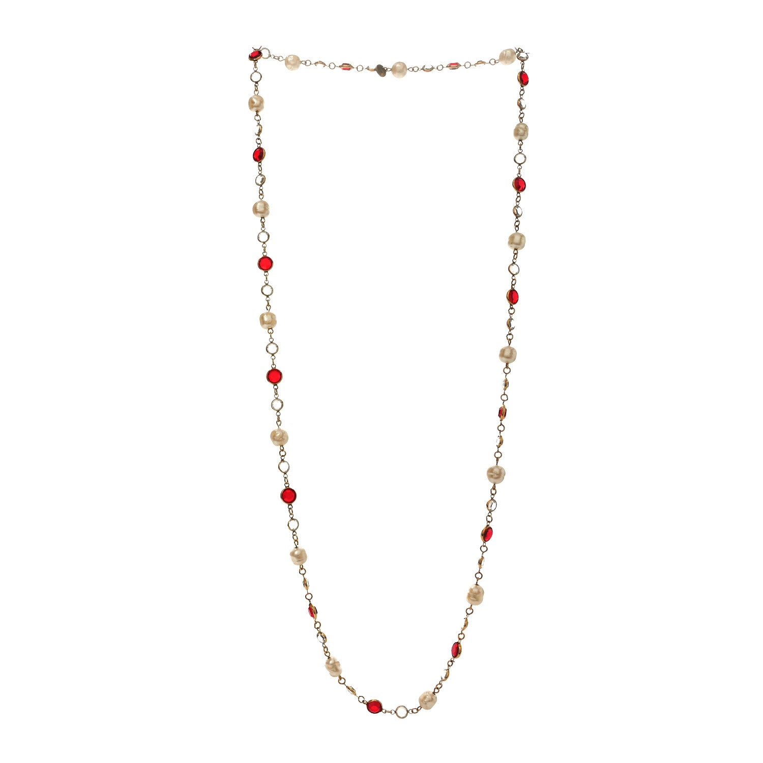 Crystal Pearl Chicklet Sautoir Necklace Red Gold