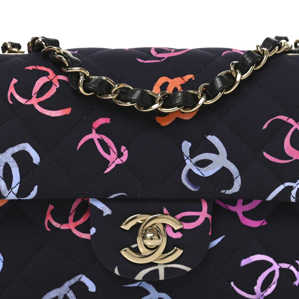 Chanel Printed Fabric Quilted Mini Rectangular Flap Black Pink Blue Yellow Orange