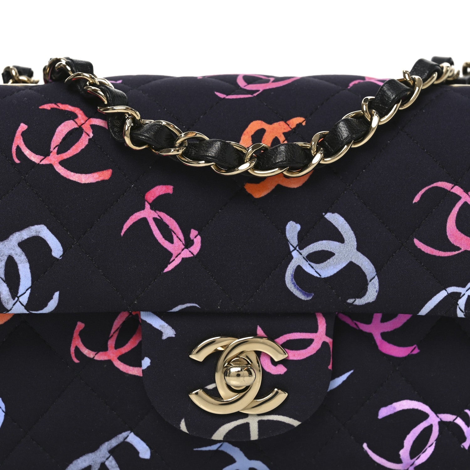 Chanel Printed Fabric Quilted Mini Rectangular Flap Black Pink Blue Yellow Orange