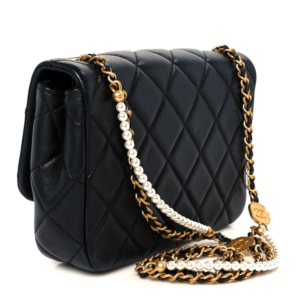 Chanel Lambskin Quilted  Pearl  Flap Black