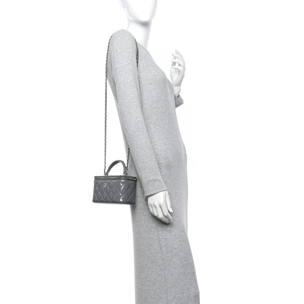 Chanel Patent Quilted Quilted Small Top Handle Vanity Case With Chain Grey