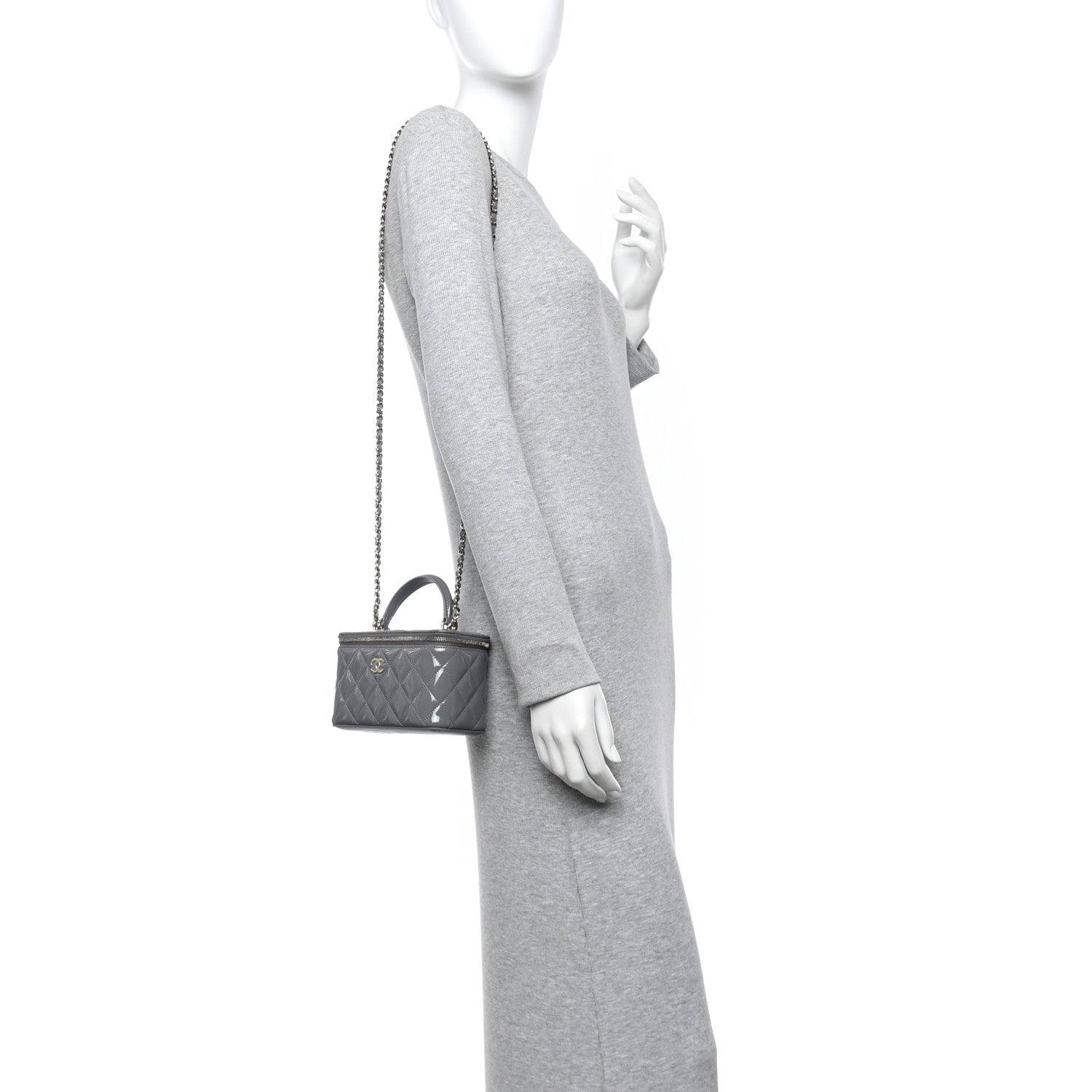 Chanel Patent Quilted Quilted Small Top Handle Vanity Case With Chain Grey