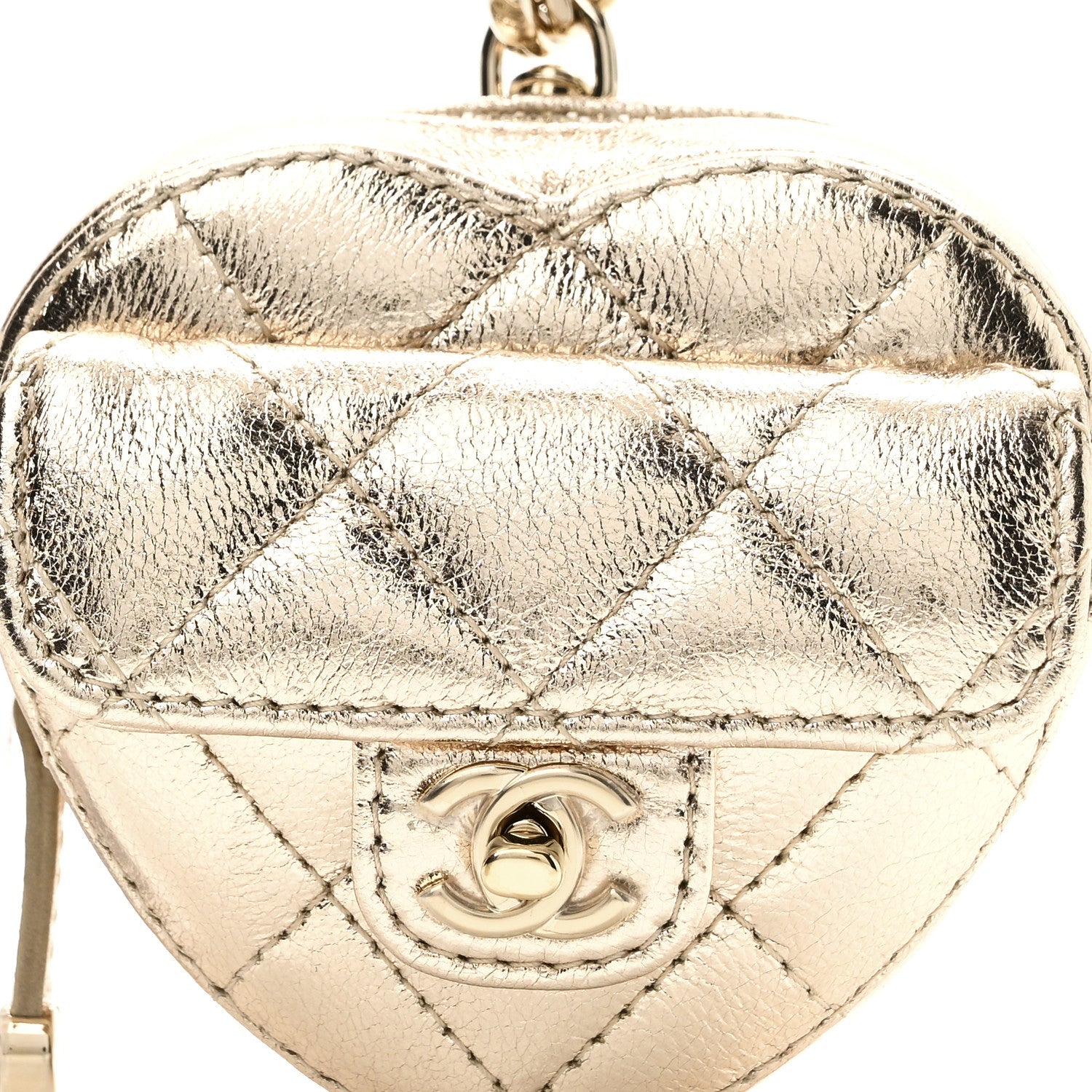 Metallic Lambskin Quilted CC Mini In Love Heart Bag Charm Gold