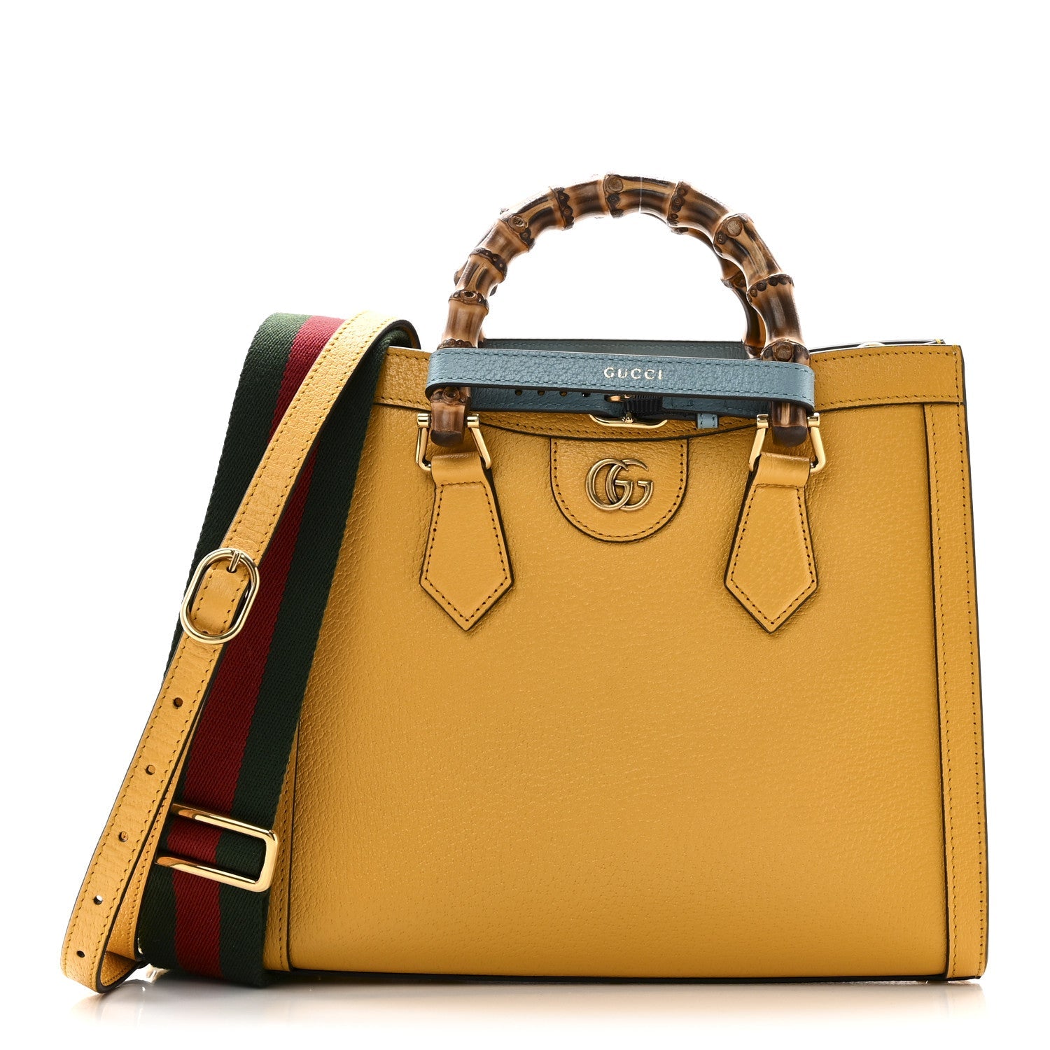 Gucci Textured Dollar Calfskin Web Small Diana Tote Bag Yellow Dusty Azure