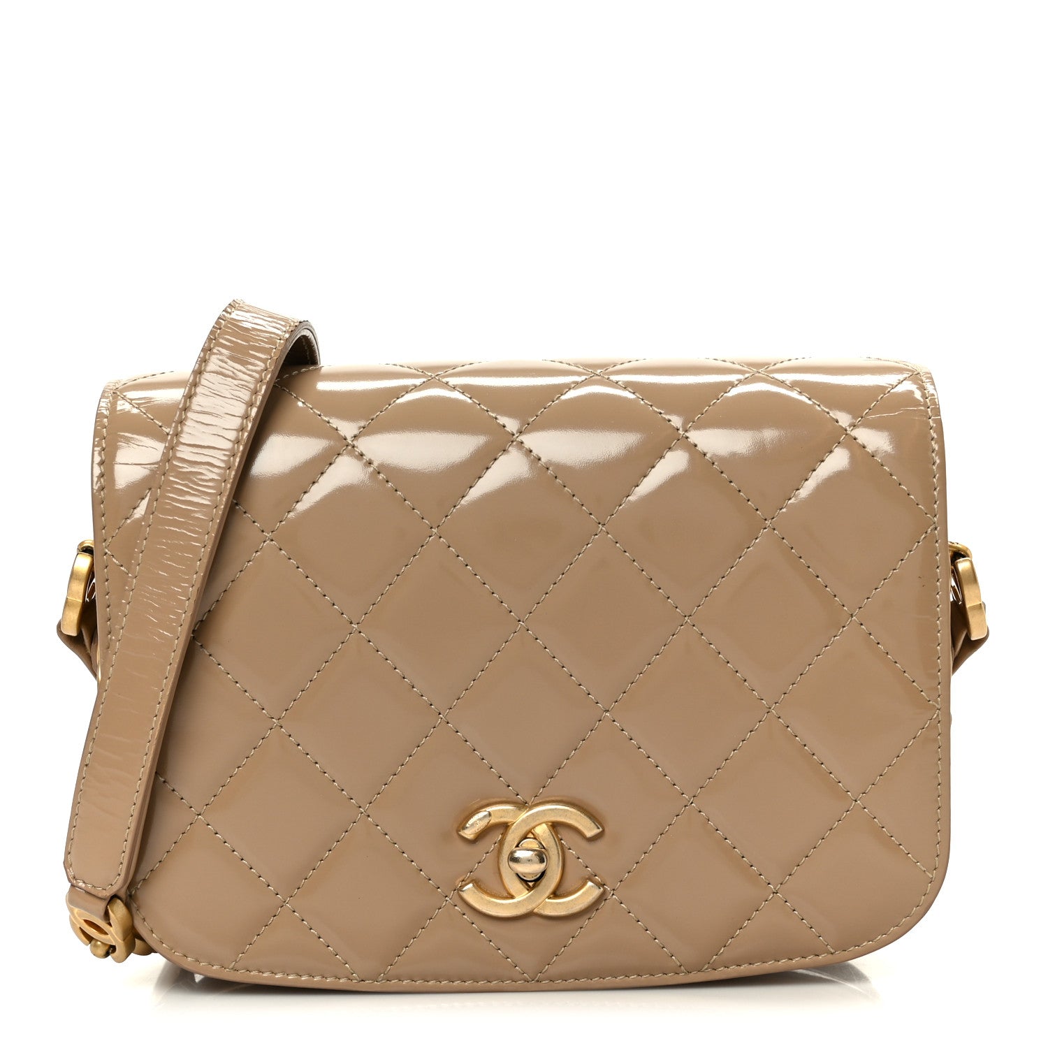 Chanel Shiny Calfskin Quilted Suede Goatskin Mini Messenger Beige