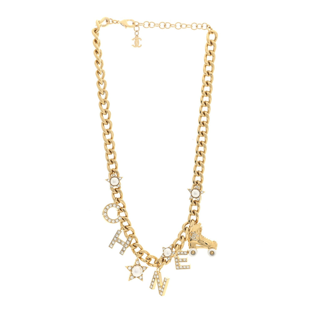 Crystal Pearl Star Rollerblade Logo Necklace Gold