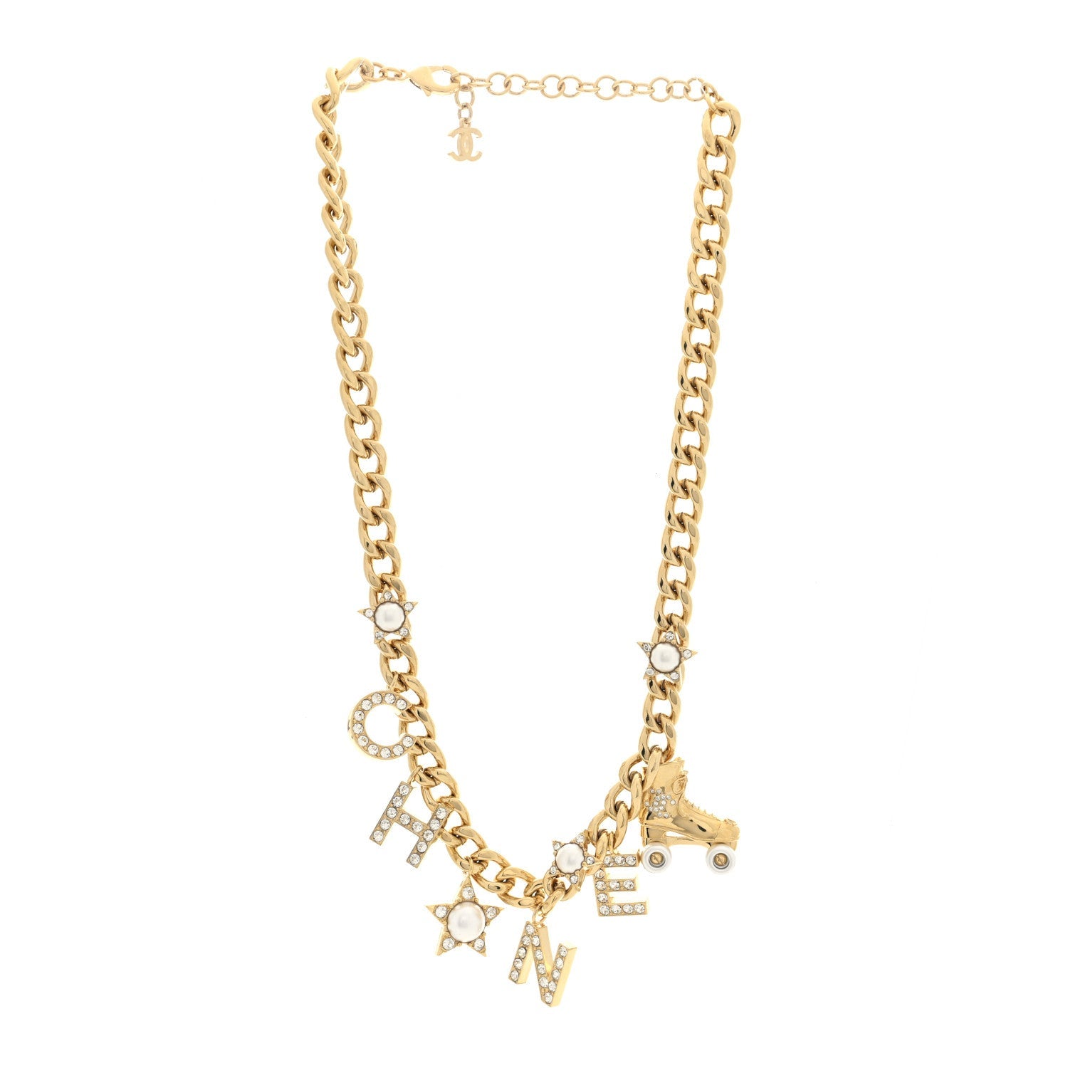 Crystal Pearl Star Rollerblade Logo Necklace Gold