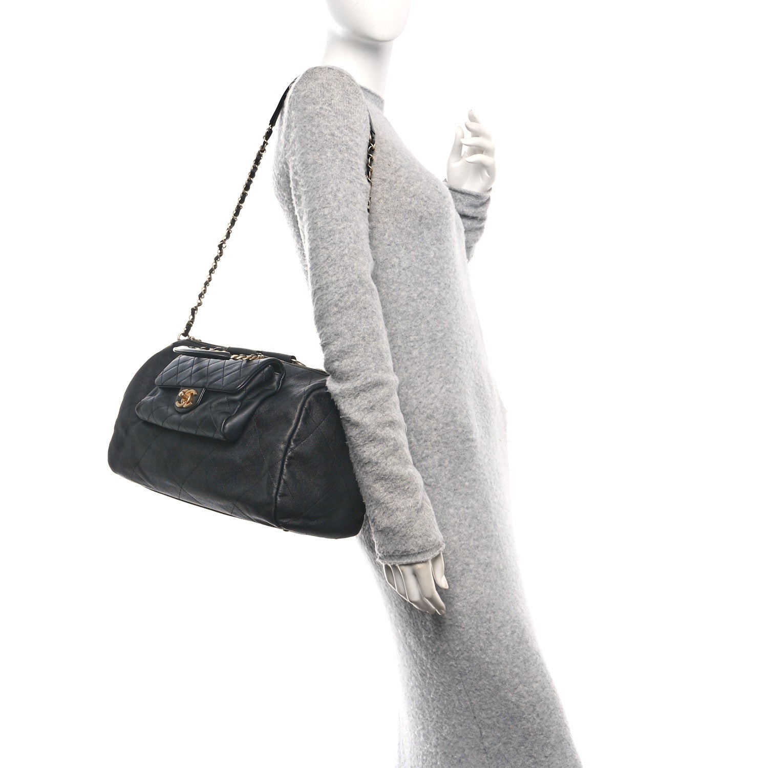 Chanel Grained Calfskin Lambskin Quilted Large Bowling Bag Black
