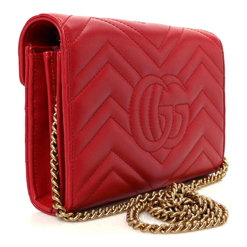 Gucci Calfskin Matelasse GG Marmont Chain Wallet Hibiscus Red