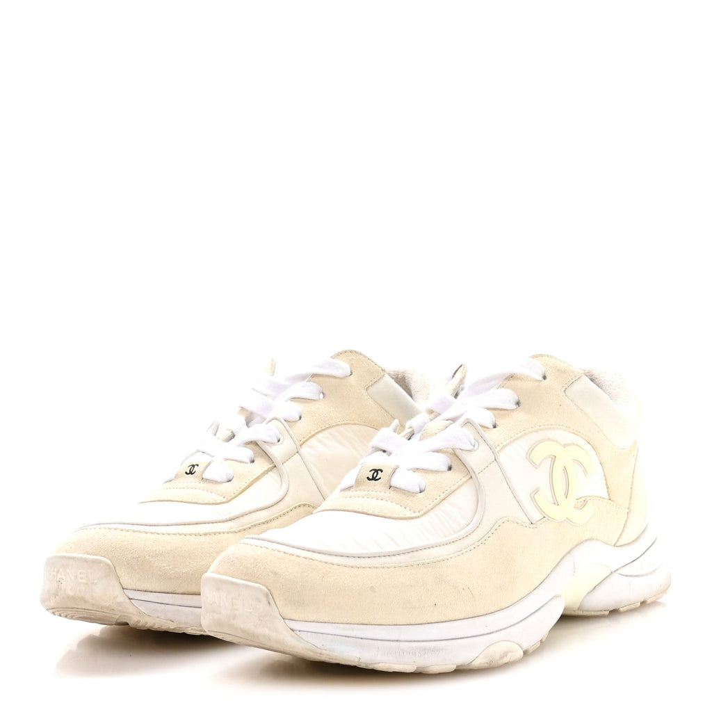 Chanel Suede Calfskin Fabric CC Sneakers 42 White