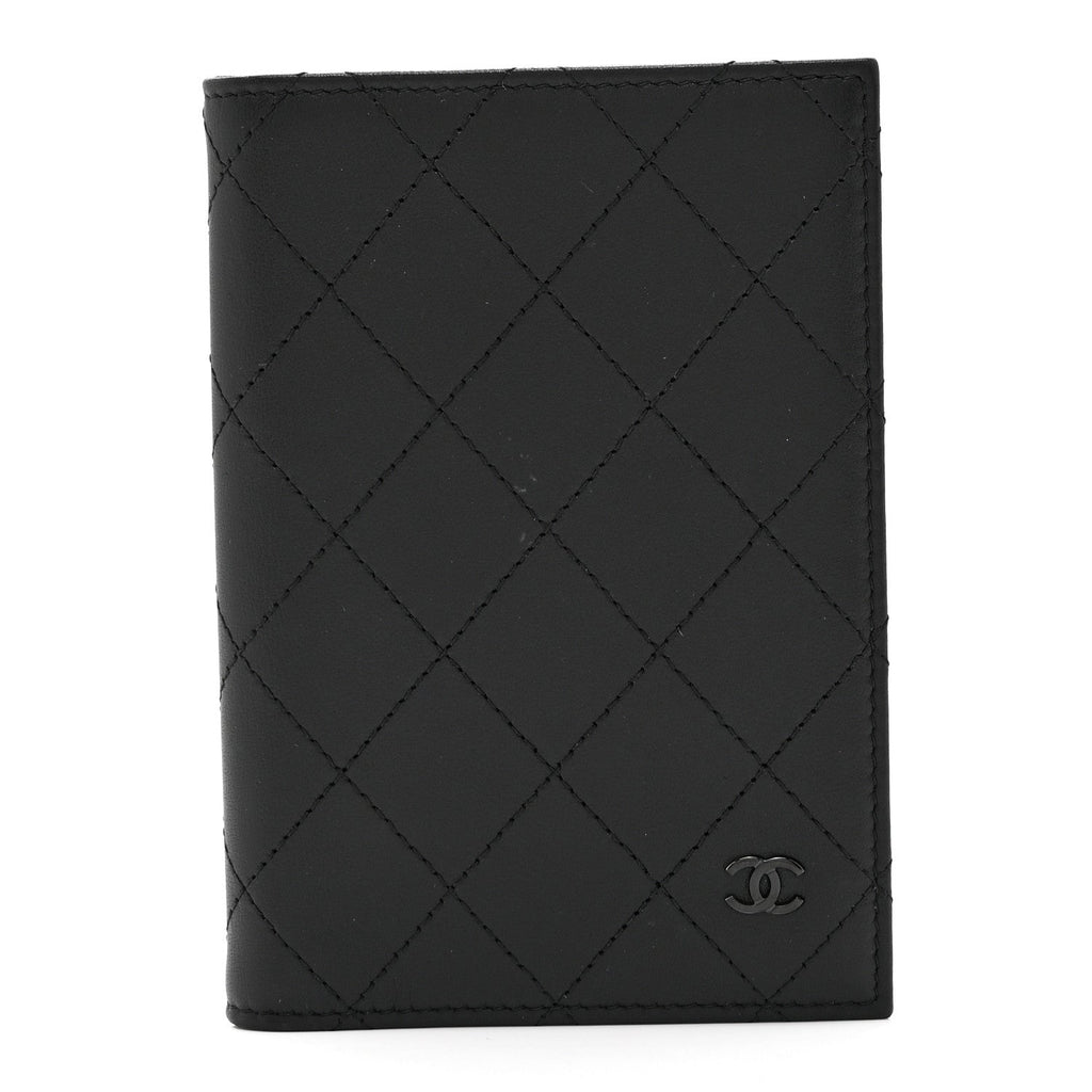Grained Calfskin Quilted Passport Holder Wallet So Black