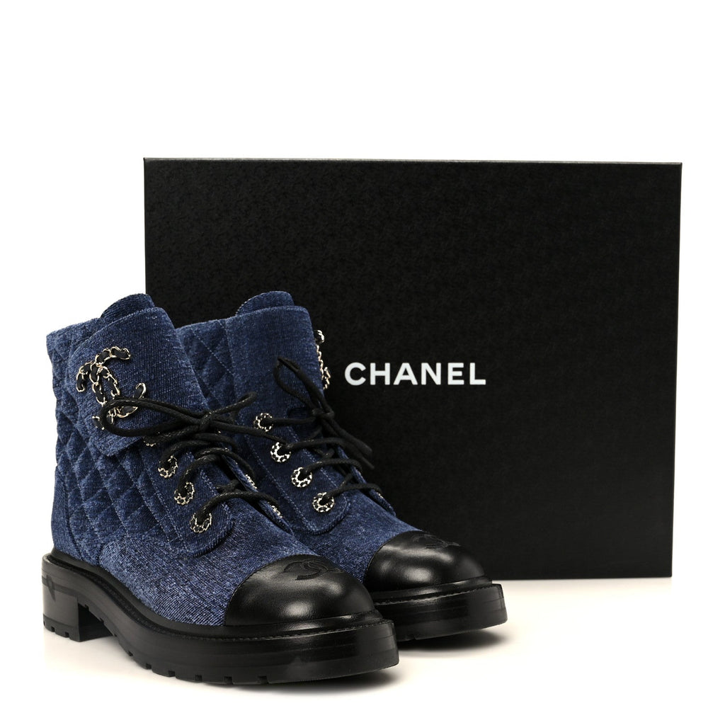 Chanel Shiny Calfskin Velvet Quilted Lace Up Combat Boots 37 Blue