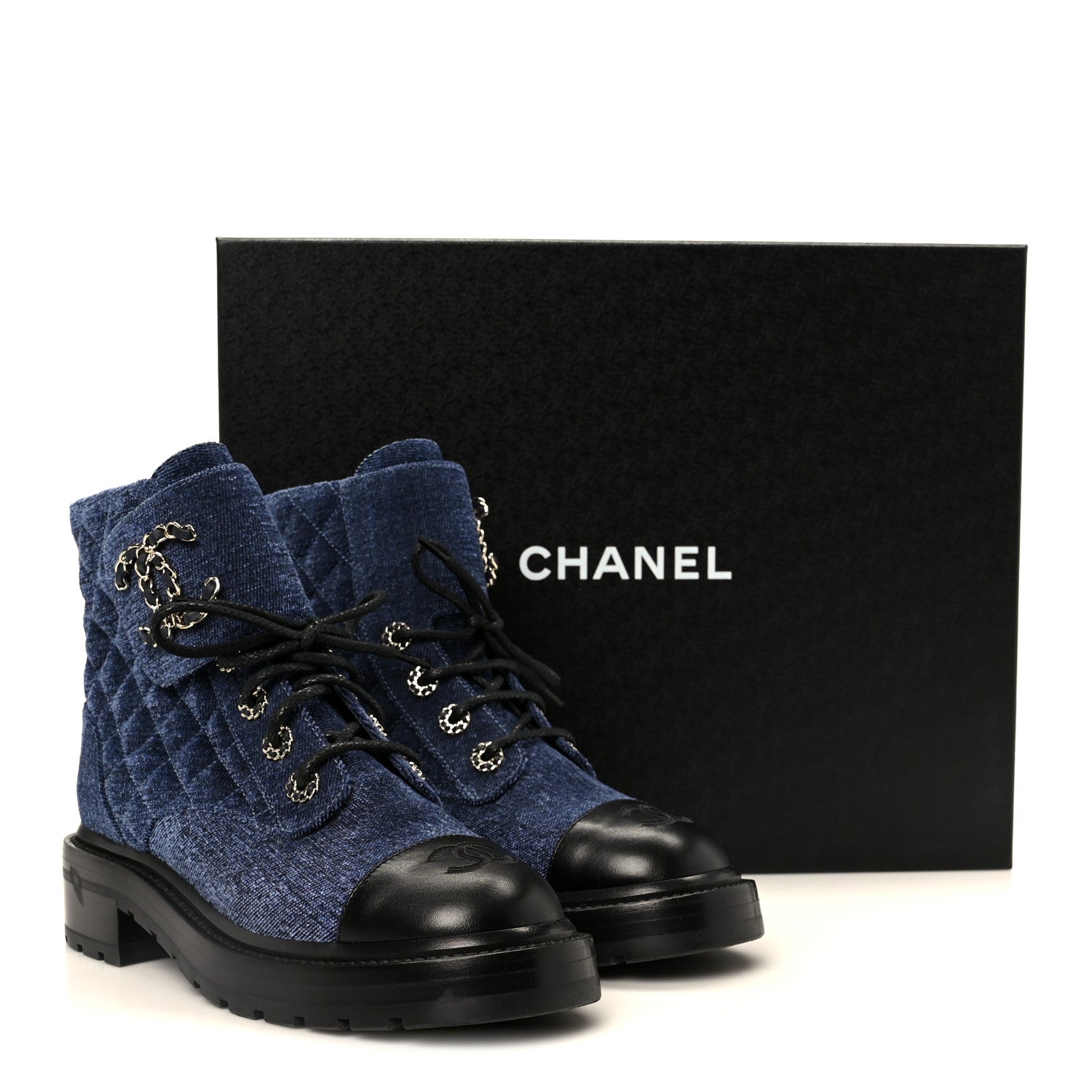 Chanel Shiny Calfskin Velvet Quilted Lace Up Combat Boots 37 Blue
