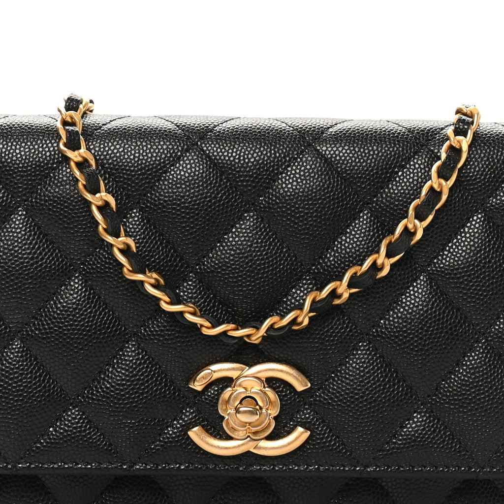 Chanel Caviar Quilted Camellia Wallet On Chain WOC Black