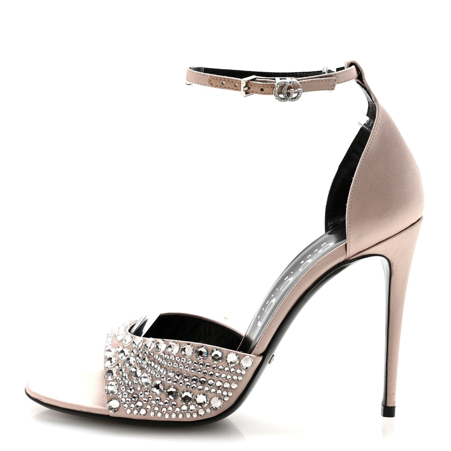 Gucci Satin Crystal Ankle Strap Sandal Pumps 38.5 Skin Rose