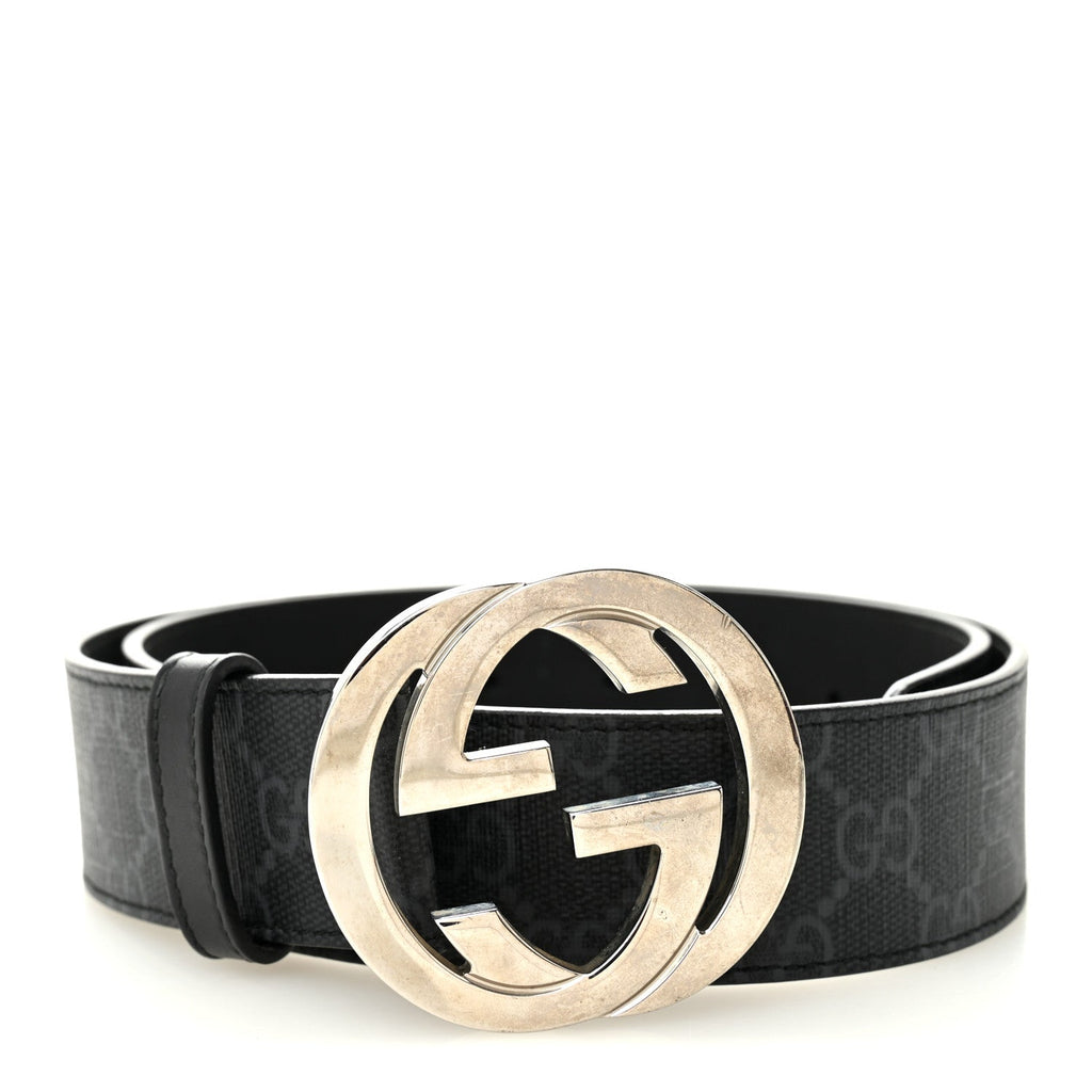 Gucci GG Supreme Monogram Selleria Calfskin Interlocking G 40mm Belt 80 32 Black Grey