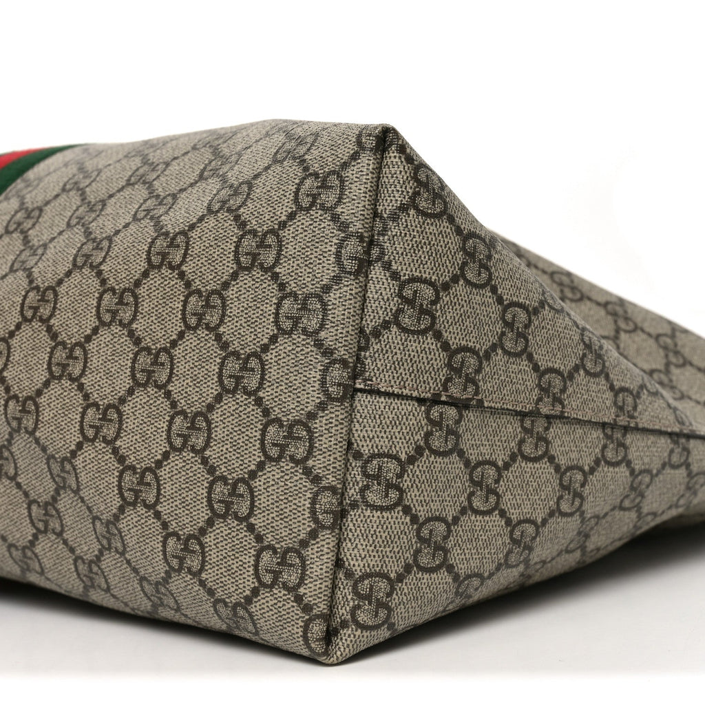 Gucci GG Supreme Monogram Textured Calfskin Web Medium Ophidia Shopping Tote Beige Ebony New Acero