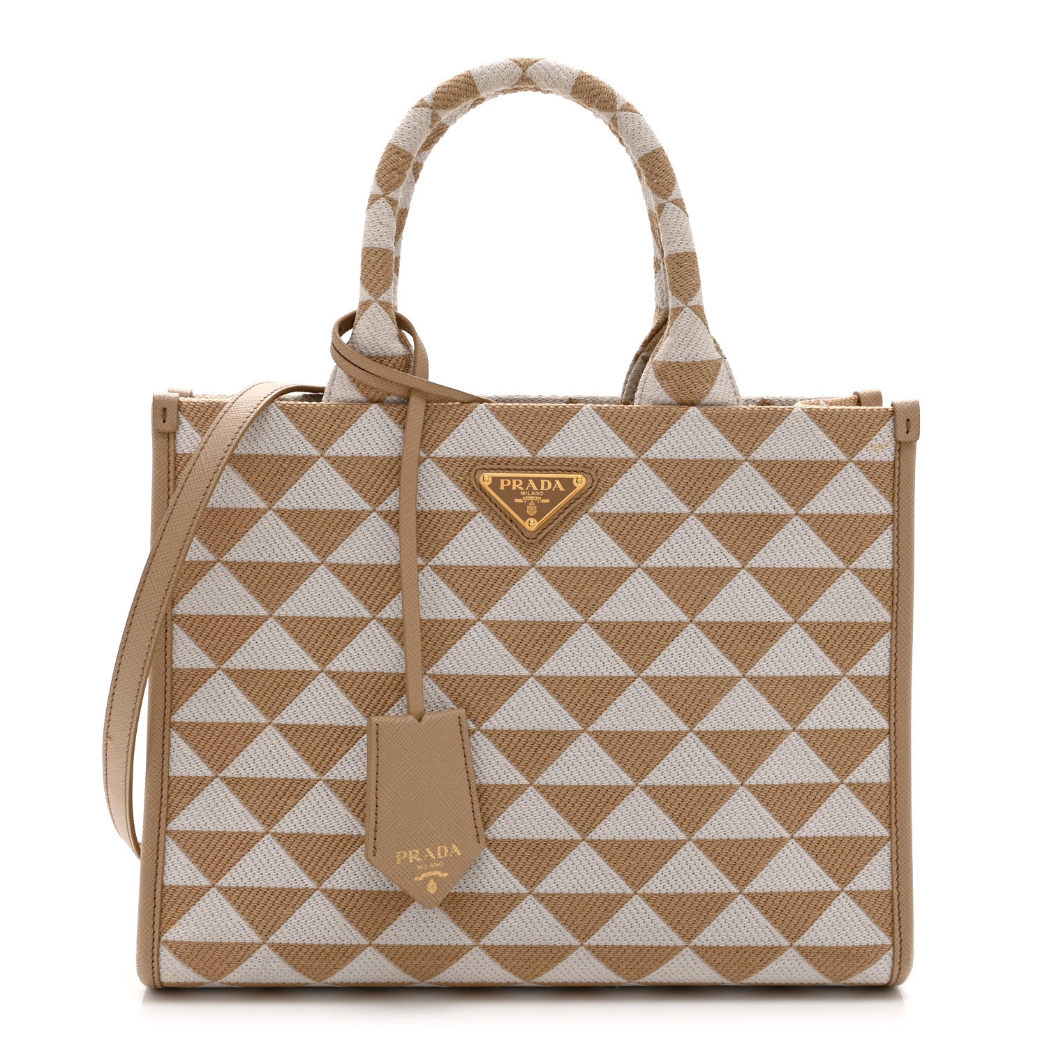 Prada Jacquard Saffiano Triangolo Symbole Embroidered Small Tote Corda Talco