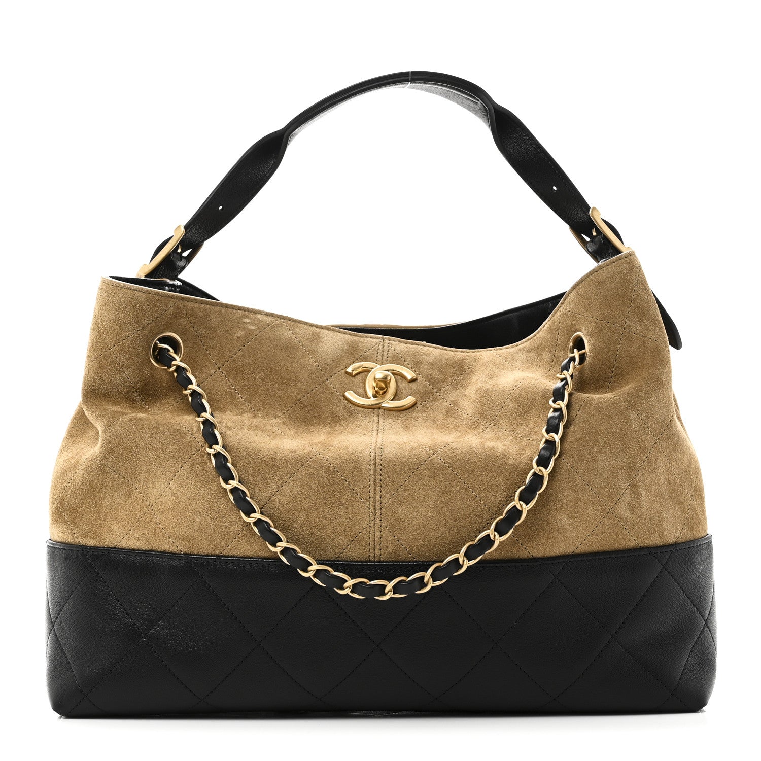Chanel Suede Calfskin Shiny Lambskin Quilted Small Coco Base Shopping Bag Beige Black