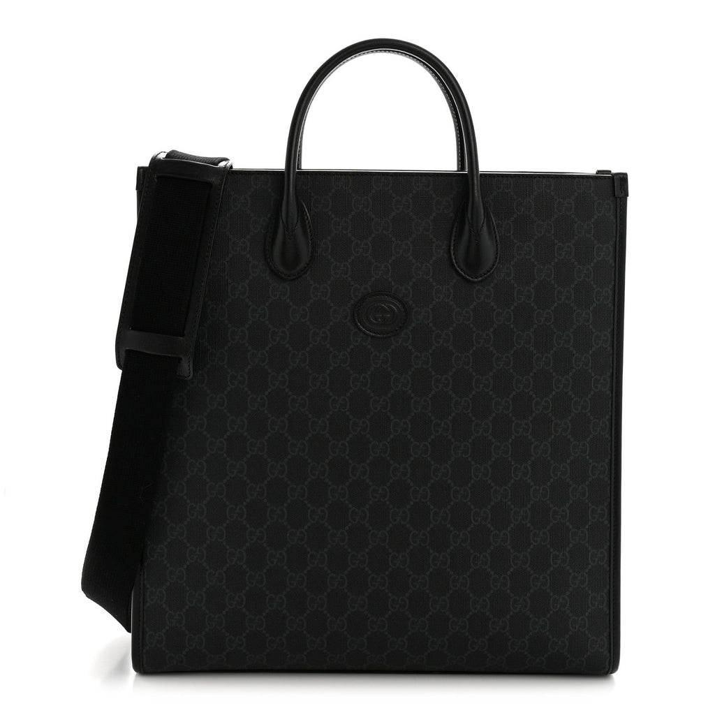Gucci GG Supreme Monogram Azalea Calfskin Web Medium Retro Interlocking G Vertical Tote Bag Black