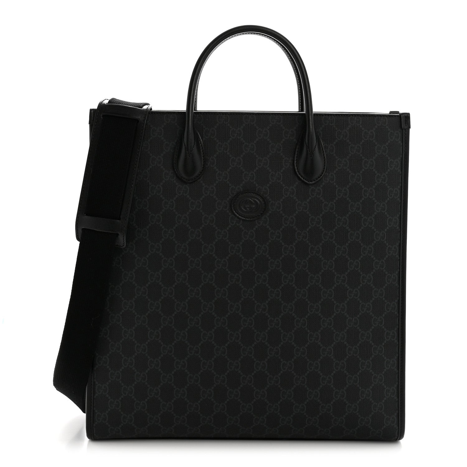 Gucci GG Supreme Monogram Azalea Calfskin Web Medium Retro Interlocking G Vertical Tote Bag Black