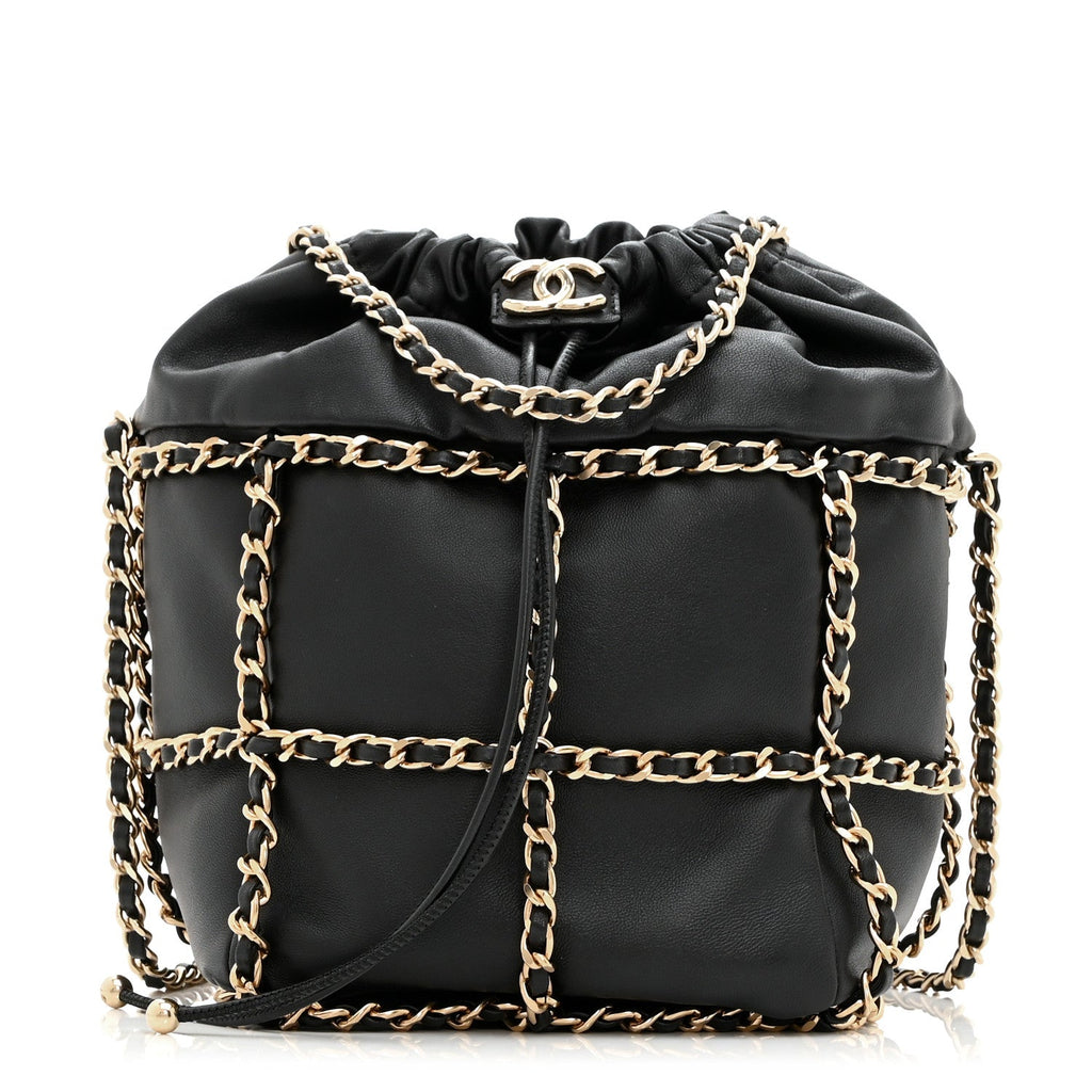 Chanel Lambskin Bucket Chain Drawstring Bag Black
