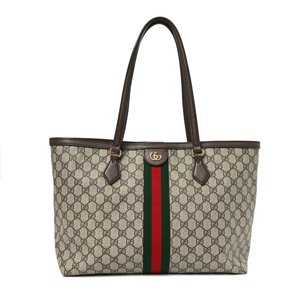 Gucci GG Supreme Monogram Textured Calfskin Web Medium Ophidia Shopping Tote Beige Ebony New Acero