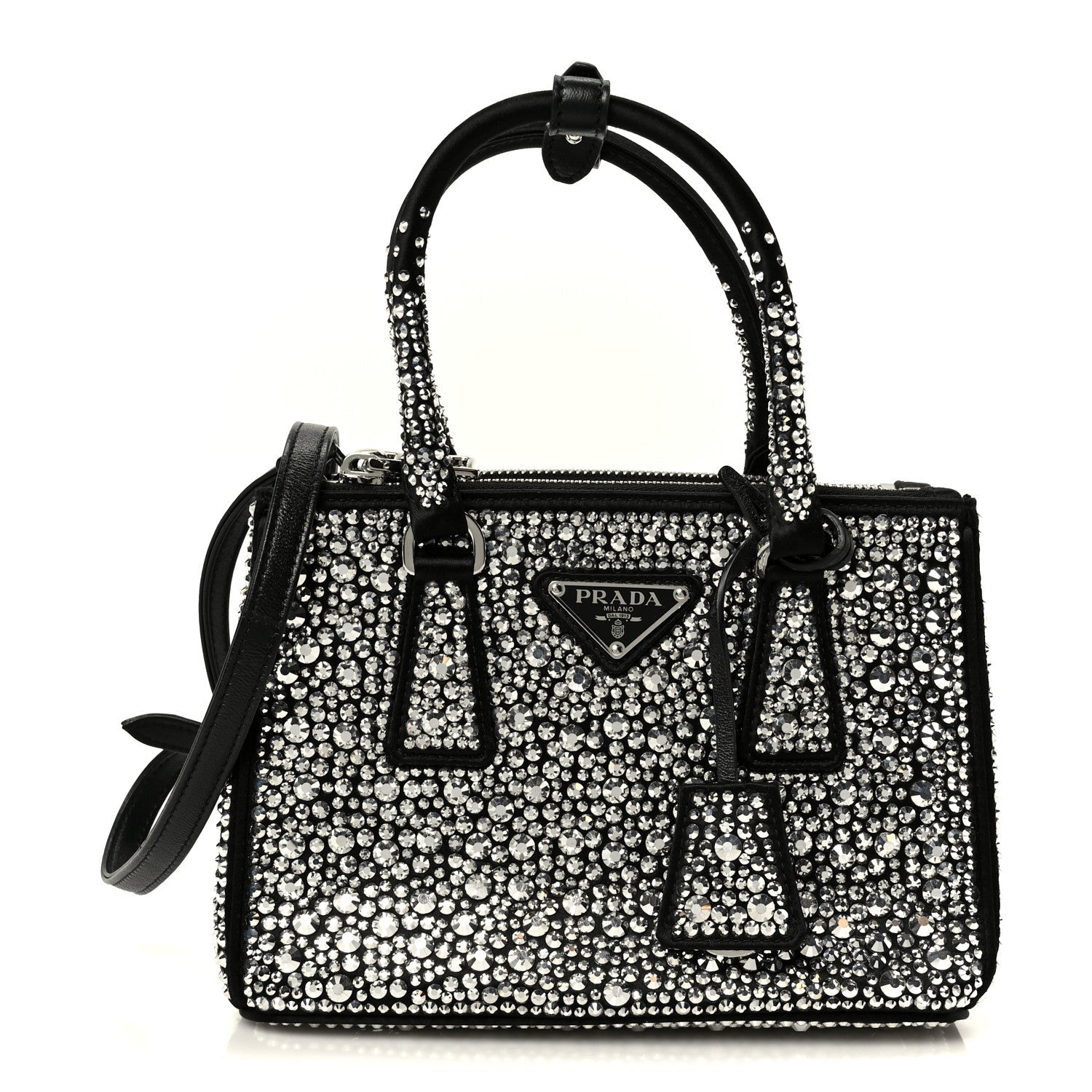 Prada Satin Crystal Mini Galleria Double Zip Tote Metal