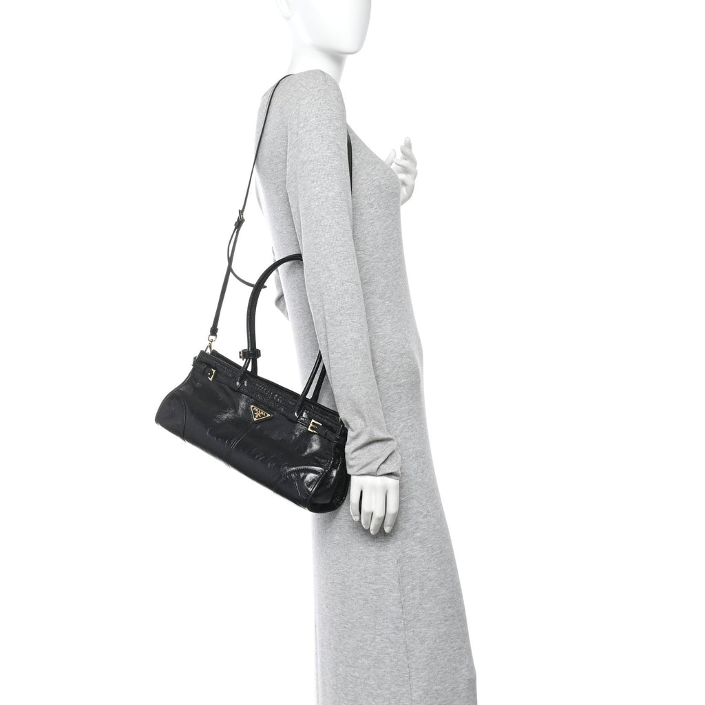 Prada Glossy Calfskin Triangle Medium Bonnie Shoulder Bag Black