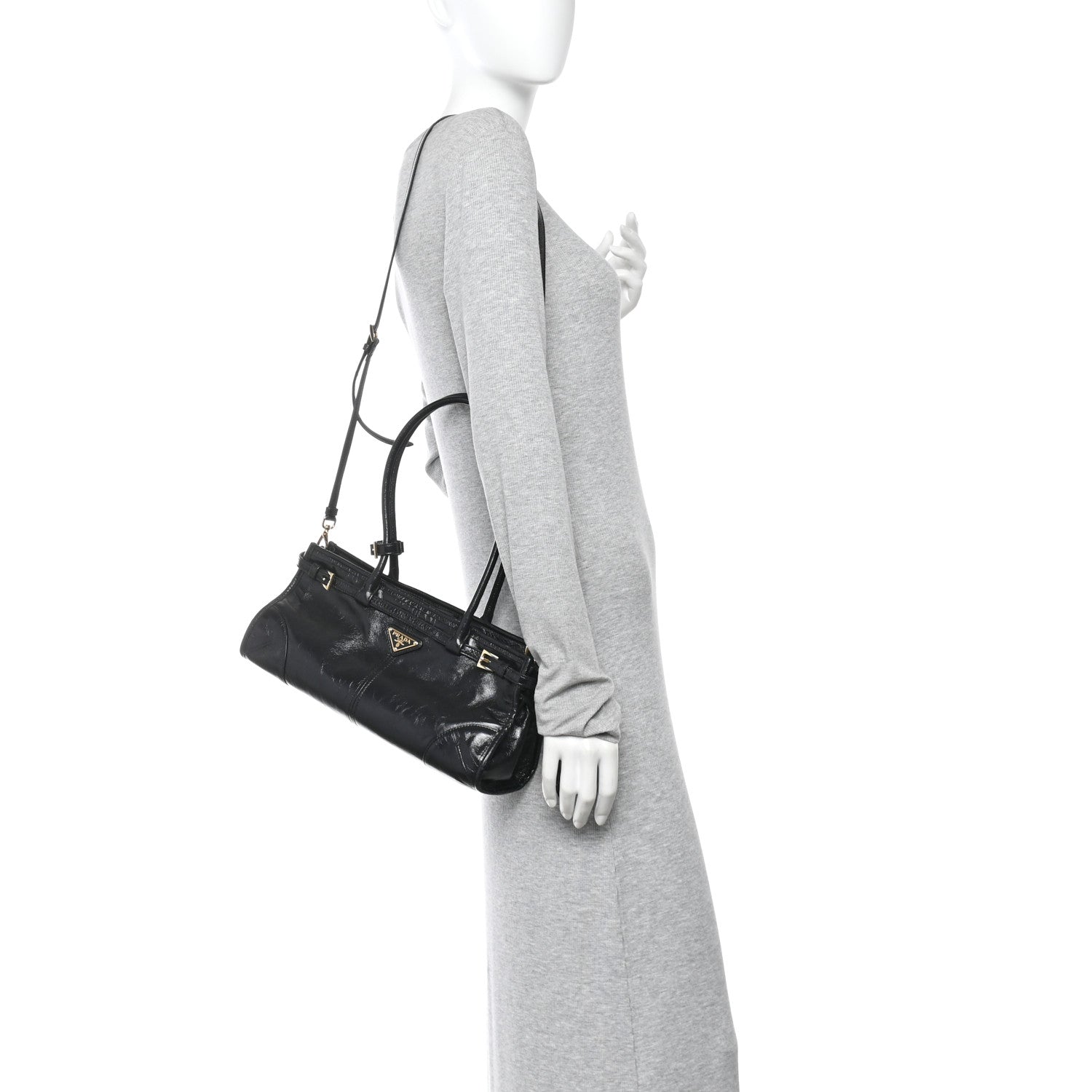Prada Glossy Calfskin Triangle Medium Bonnie Shoulder Bag Black