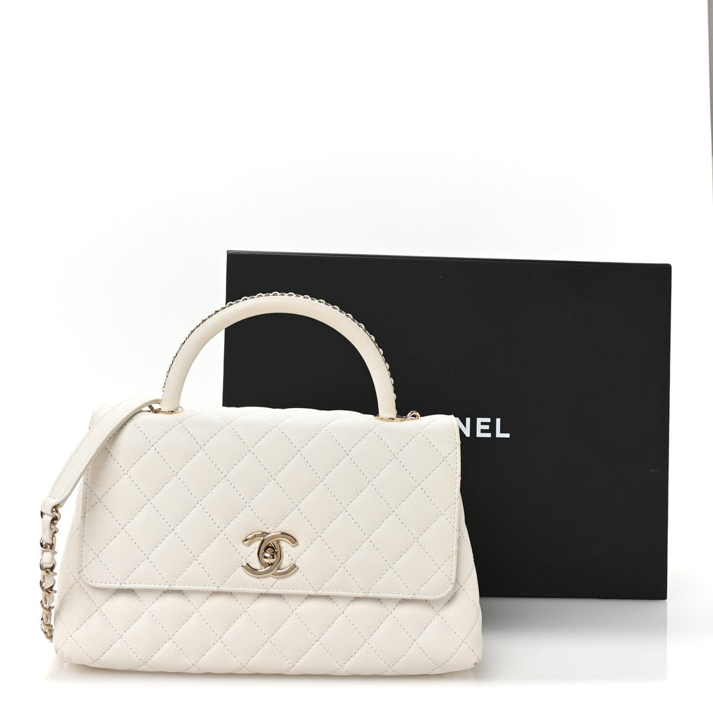 Chanel Caviar Quilted Small Chain Coco Handle Flap White
