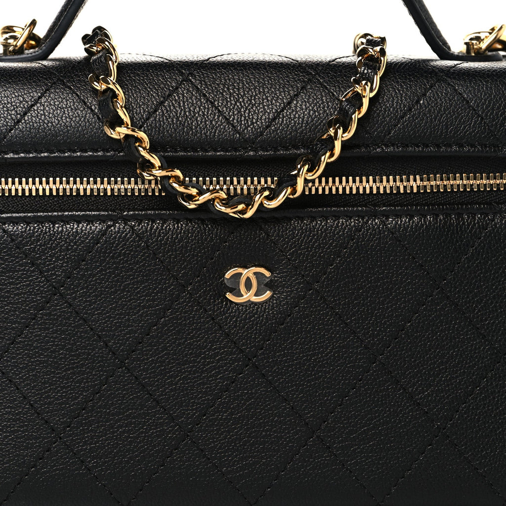 Chanel Goatskin Stitched Top Handle Slim Vanity With Chain Black