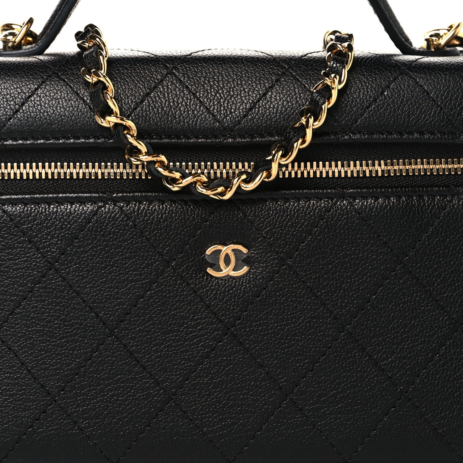 Chanel Goatskin Stitched Top Handle Slim Vanity With Chain Black