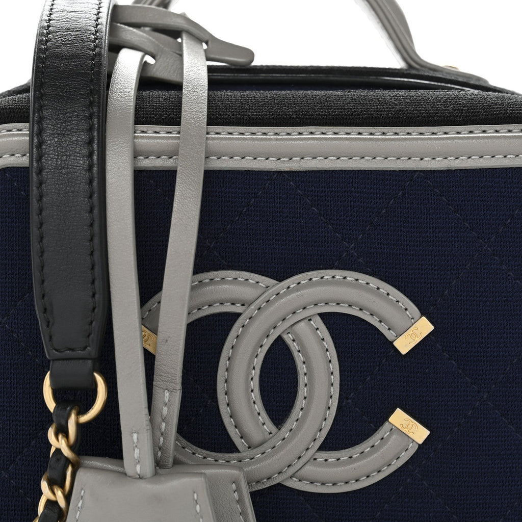 Chanel Jersey Quilted Small CC Filigree Vanity Case Blue Black Grey