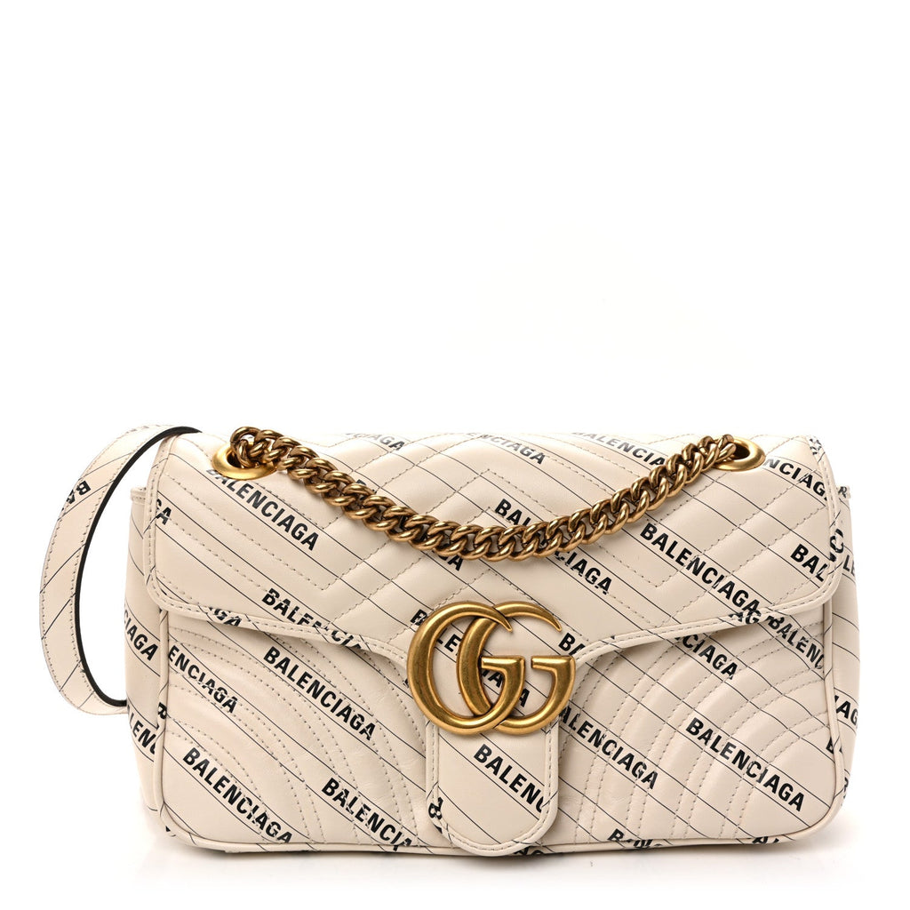 Gucci X BALENCIAGA Calfskin Matelasse Logo Print Small GG Marmont Shoulder Bag White