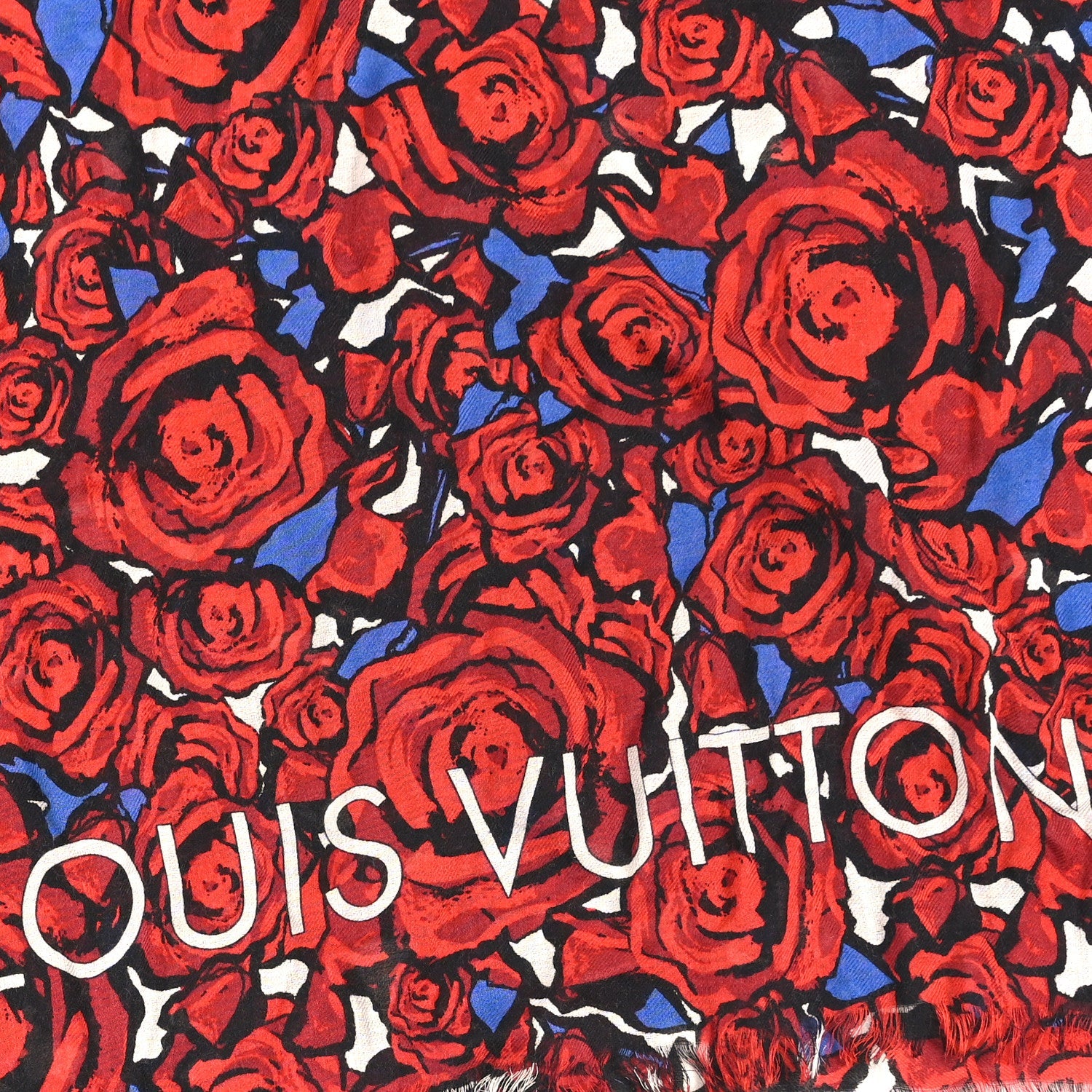 Louis Vuitton Wool Silk Cashmere Rock N Roses Stole Red Blue Multicolor